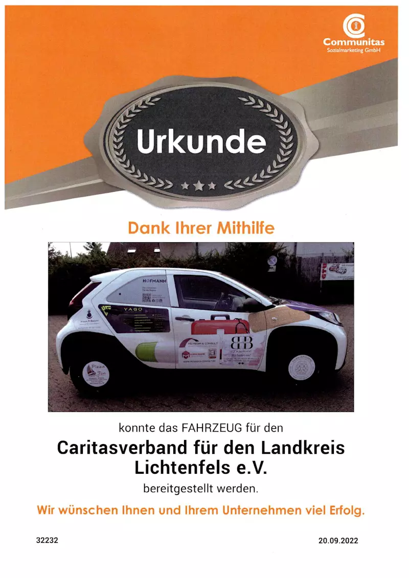 Urkunde für Fahrzeugsponsoring - Caritas Verband