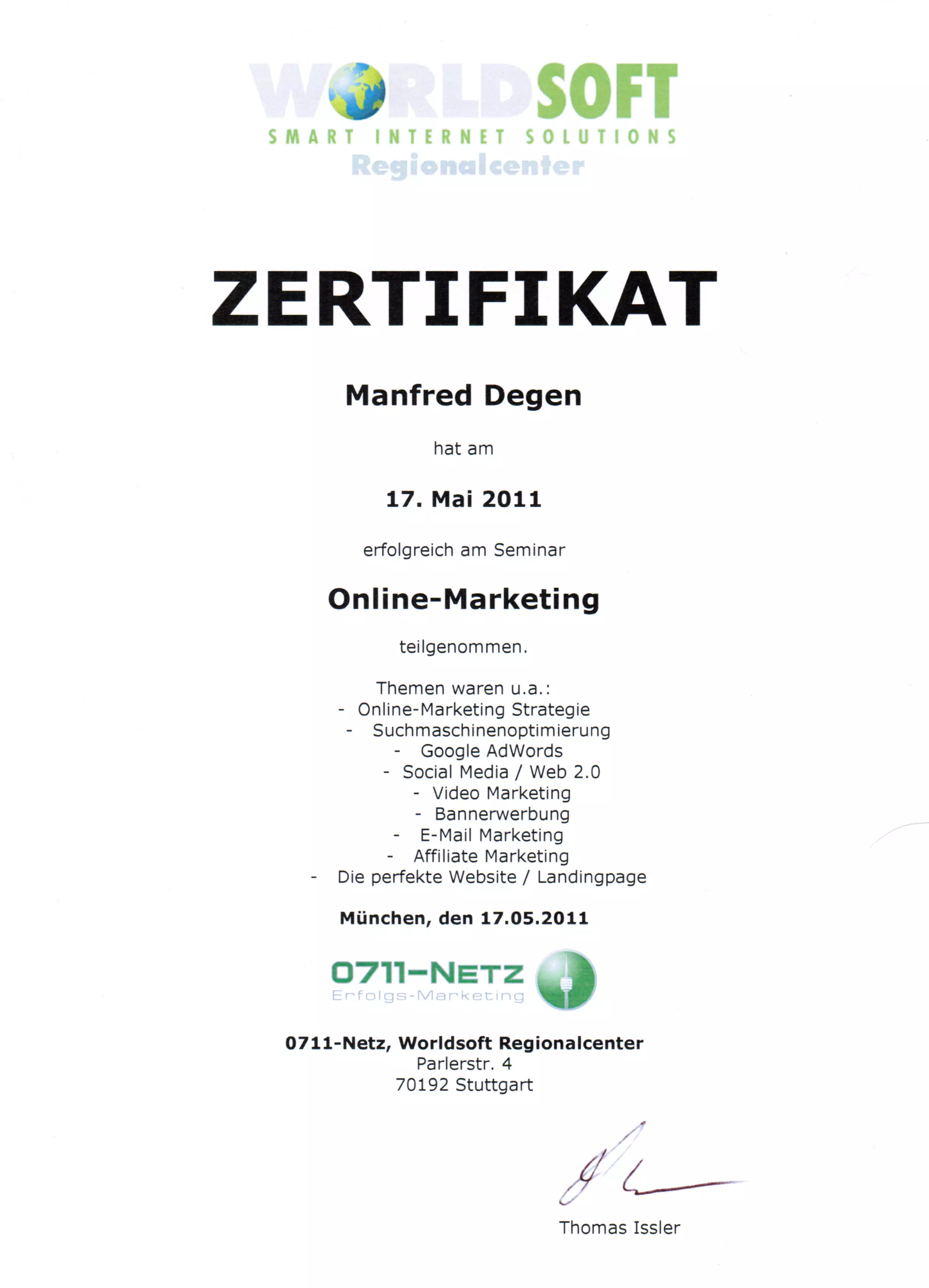 Zertifikat - Online-Marketing Manfred Degen