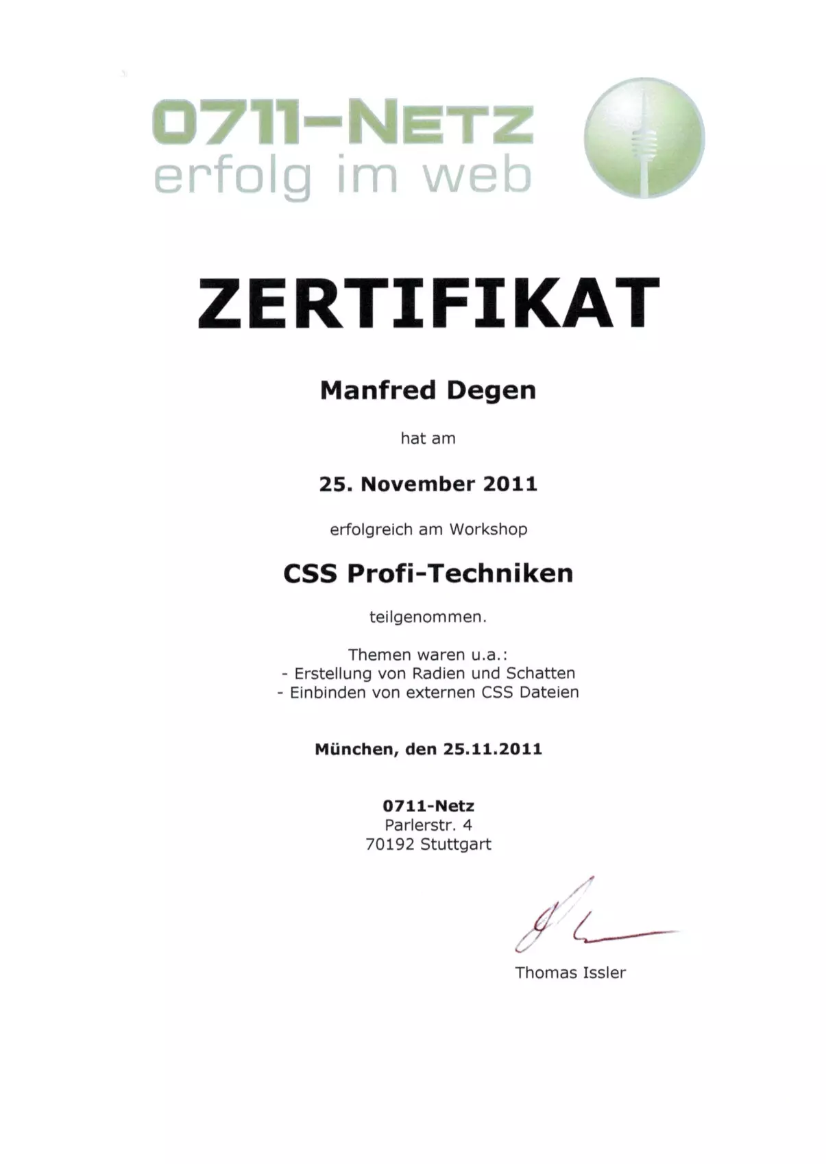 Zertifikat CSS Profi-Techniken Manfred Degen