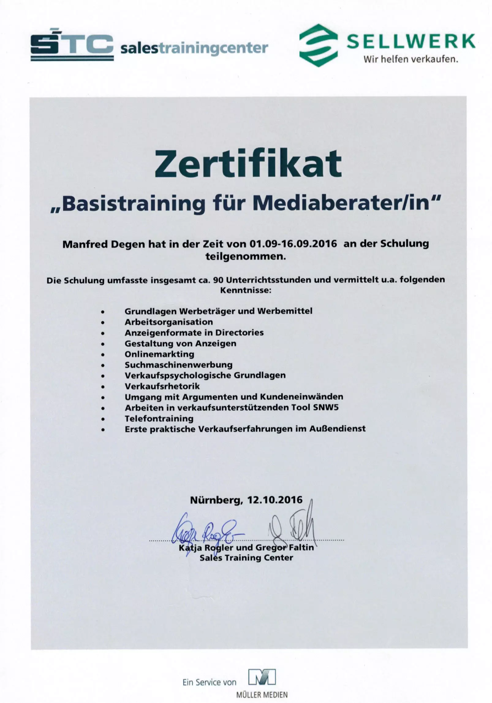 Zertifikat Medaiberatung - Manfred Degen